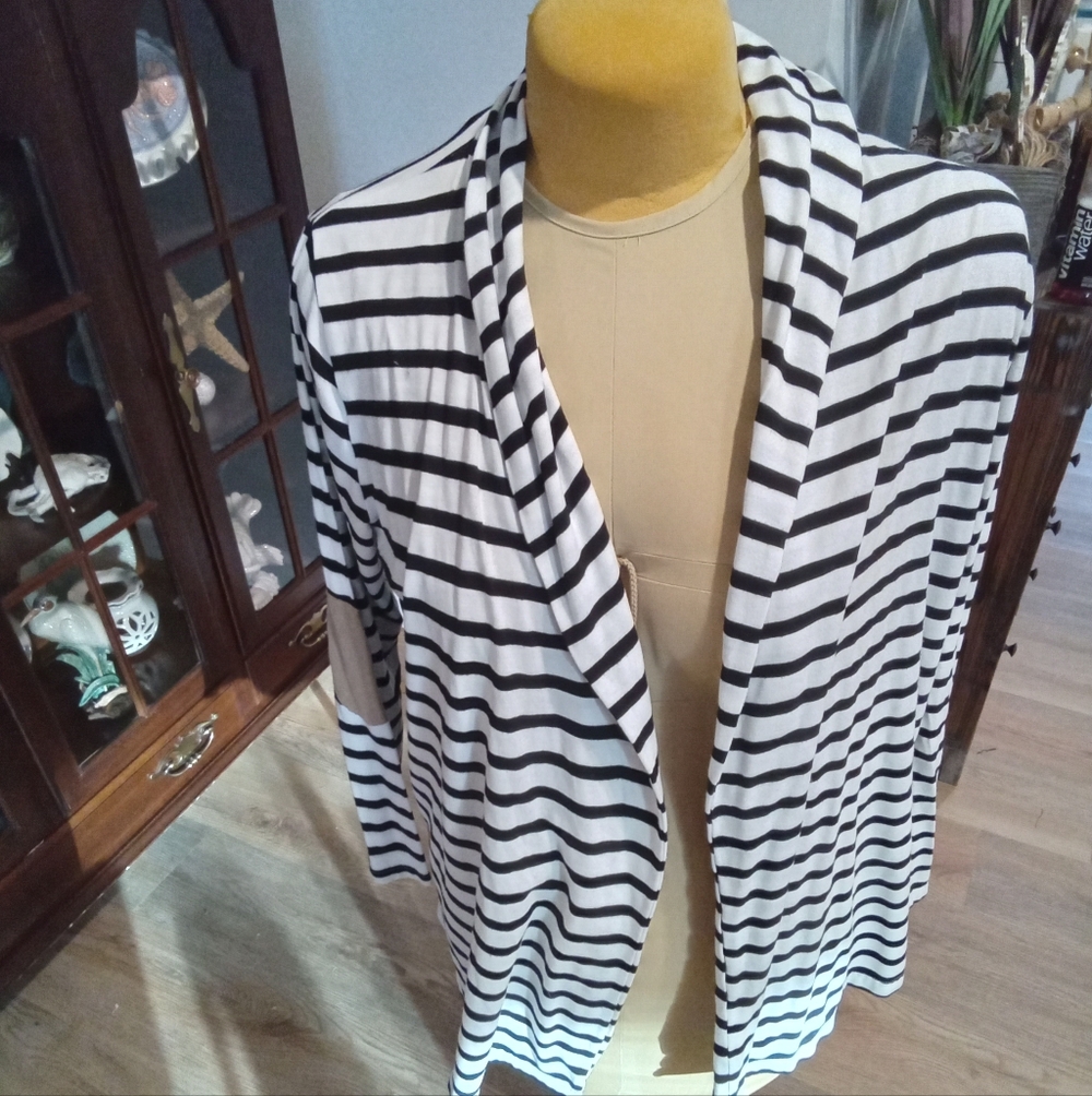 2-$10... Tickled Teal Striped Black & White Womens Cardigan Patched Elbows Sz 1X